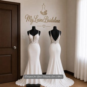 Modern Lace Mermaid Wedding Dress, Deep V Neck Spaghetti Strap Bridal Gown with Open Back & Sweep Train