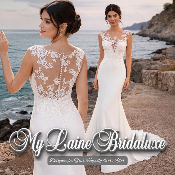 chinese dress ladies Crepe Lace Corset Wedding Dress with Floral Cathedral Train – ML122 –  Viniodress main image 1