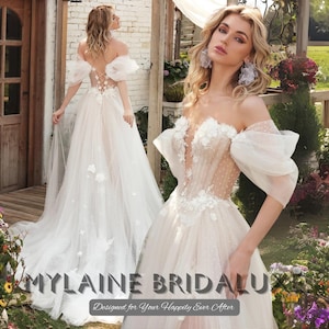 Custom Made Off Shoulder Wedding Dress, Sheer Corset A-Line Bridal Gown with Puffy Sleeves, Lace Up Back and Long Train