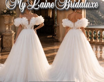Vestido de novia de gala con hombros descubiertos hecho a medida, vestido de novia de tul floral, espalda con corsé y cordones, vestido de novia de princesa