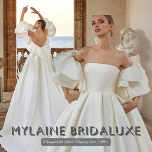 Custom Made Puff Sleeve Satin Wedding Dress Off Shoulder Ball Gown Bridal Dress with Open Back and Long Train