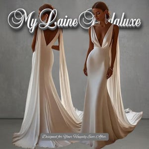 Robe de mariée sirène en satin sur mesure avec décolleté en V profond, fines bretelles, dos nu et traîne
