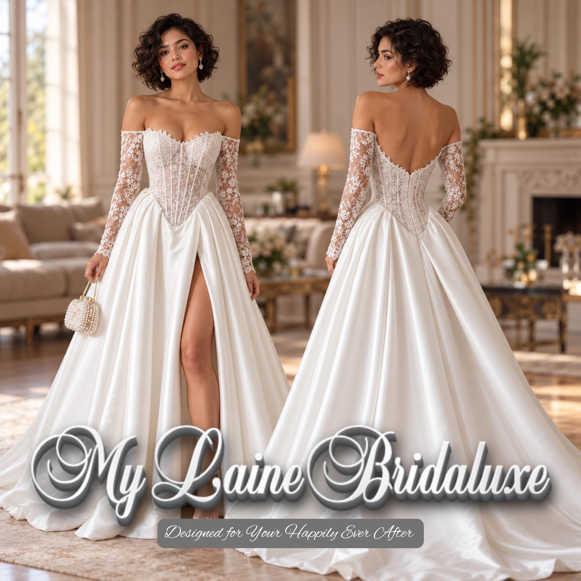 Custom Made Off Shoulder Lace Corset Wedding Dress with Long Sleeves Satin Skirt High Slit and Structured Ball Gown Silhouette