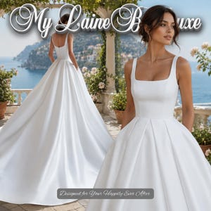 Puede incluir: Un vestido blanco largo hasta el suelo con escote cuadrado, tirantes anchos y una falda plisada con volumen. El texto My Laine Luxe aparece en la parte superior y el texto Designed for Your Happily Ever After está centrado abajo.