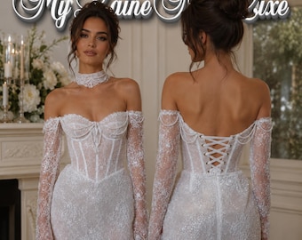Custom Made Short Lace Wedding Dress, Corset Mini Bridal Gown with Off Shoulder Long Sleeves, Sexy Reception Party Dress