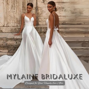 Custom Made Simple Satin Wedding Dress with Pockets Elegant Ball Gown Bridal Dress Minimalist A-Line Wedding Gown with Train and Open Back