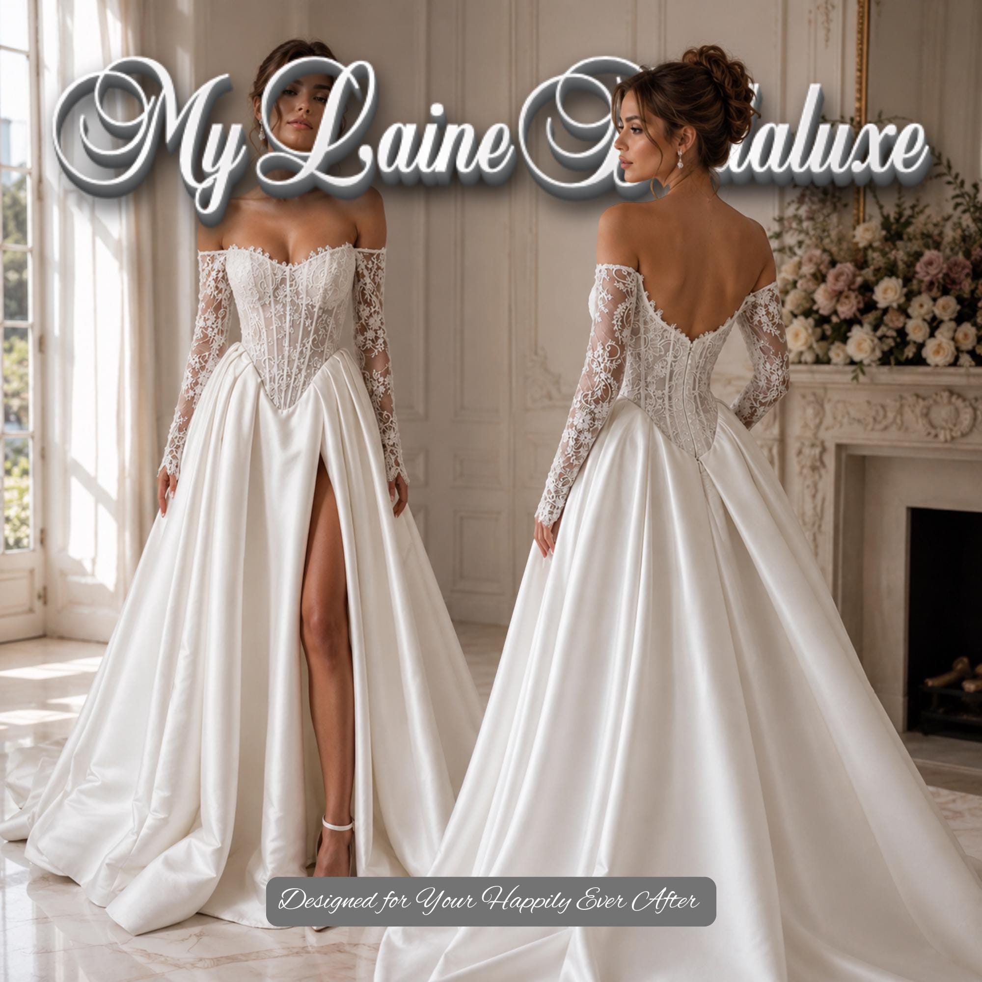 Custom Made Off Shoulder Lace Corset Wedding Dress with Long Sleeves Satin Skirt High Slit and Structured Ball Gown Silhouette