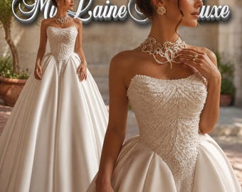 Op maat gemaakte strapless satijnen A-lijn trouwjurk, elegant lijfje met kralen, mouwloze bruidsjurk met sleep, geschikt voor een feestelijke gelegenheid.