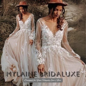 Boho Long Sleeve Wedding Dress, Sheer Tulle A-Line Gown with Floral Lace Appliques, Rustic V-Neck Bridal Dress Custom Made