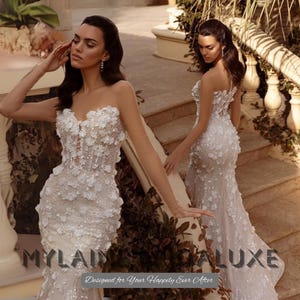 Custom Made Strapless Mermaid Wedding Dress, 3D Floral Lace Gown with Sheer Corset Bodice and Chapel Train, Elegant Sexy Bridal Look