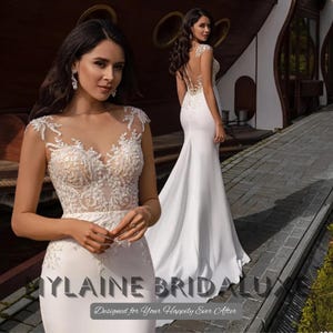 Illusion Lace Mermaid Wedding Dress – Sheer Bodice with Appliqué – Elegant Fitted Bridal Gown with Court Train – Custom Made