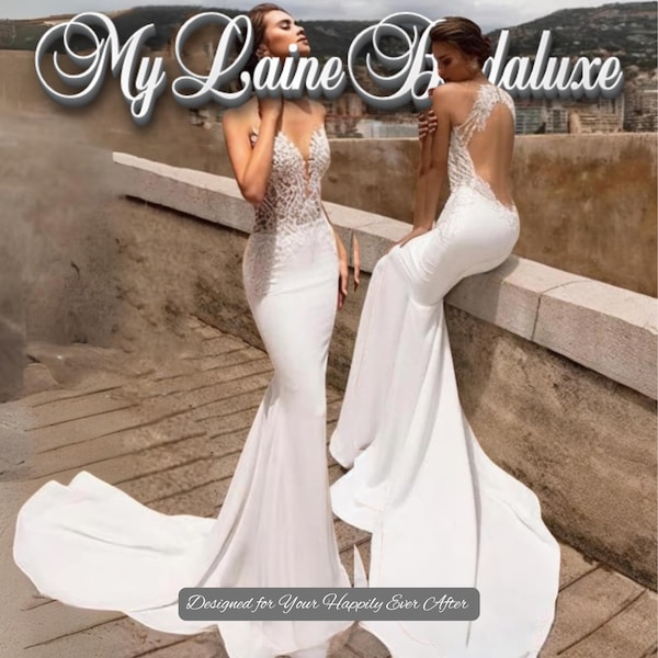 Custom Made Mermaid Wedding Dress, Plunge V Neck Lace Illusion Backless Bridal Gown with Chapel Train