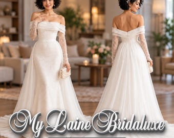 May include: A white off-the-shoulder wedding dress with long lace sleeves, a fitted bodice, and a flowing tulle overskirt. The text My Laine Bridaluxe Designed for Your Happily Ever After is overlaid on the image.