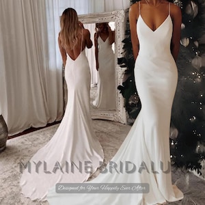 Modern Custom Made Simple Satin Wedding Dress With V-neck Spaghetti Straps Backless Formal Pleated And  Sweep Train Bridal Gown