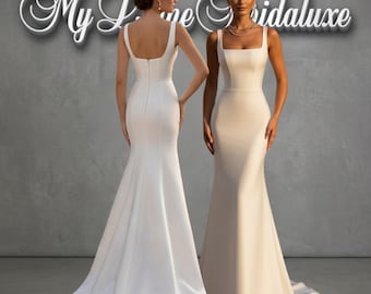 Custom Made Square Neck Wedding Dress Elegant Fit and Flare Bridal Gown Open Back Simple Minimalist Bride Dress with Train