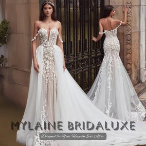 Custom Made Mermaid Wedding Dress, Sheer Corset Bridal Gown with Detachable Overskirt, 3D Floral Lace, Chapel Train