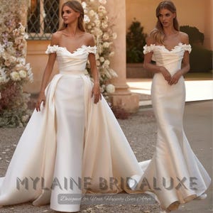 Off Shoulder Satin Wedding Dress with Detachable Train – Floral Applique Bridal Gown – Elegant Custom Made Mermaid Dress