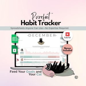 Rastreador de hábitos de gatos: Excel e Planilhas Google, Planejador de metas (download digital)