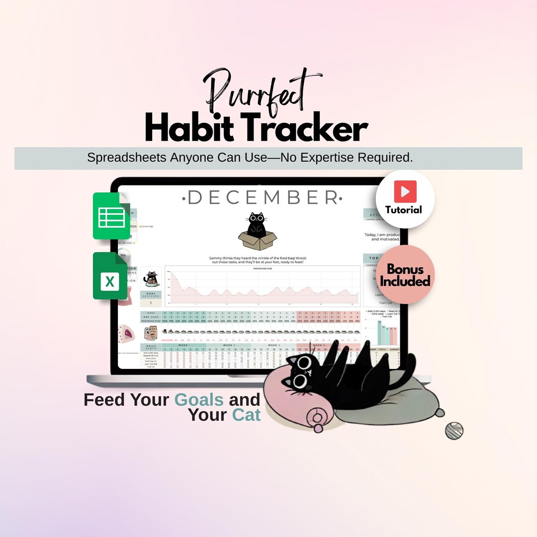 Cat Habit Tracker: Excel & Google Sheets, Goal Planner (digital ...