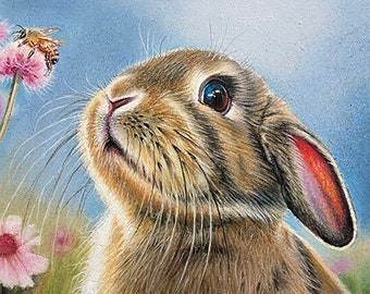 Rabbit Art Print Honey Bee and Bunny "Honey Bunny" 5 x 7 inch Giclee by Artist Roby Baer PSA