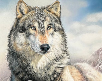 Timber Wolf Art Print "On The Ledge" 5 x 7 inch Giclee by Wildlife Artist Roby Baer PSA