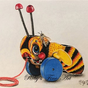 Bee Art Print on &quot;Vintage&quot; Pull Toy 5 x 7 inch Giclee by Roby Baer PSA