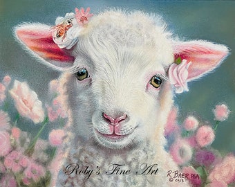 Lamb and Bee Art Print "Bee In Her Bonnet" 5"x7" giclee by Roby Baer PSA