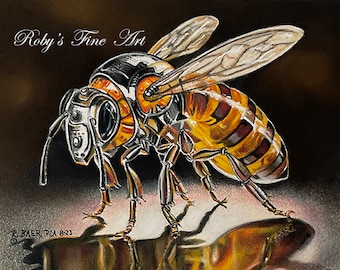 Steampunk Honeybee "Chrome Drone" 8 x 10 inch Giclee by Artist Roby Baer PSA