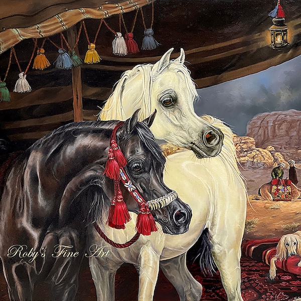 Arabian Horse Art With Saluki Dogs Print "Mystic Dawn" 5 x 7 inch Giclee by Artist Roby Baer