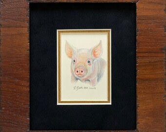 Original "Baby Pig" Mini Pastel Drawing by Artist Roby Baer PSA