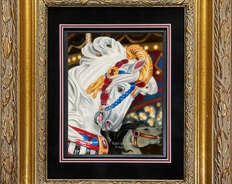 Original Carousel Horse Pastel Framed Painting "Outside Row Jumper" by Artist Roby Baer PSA
