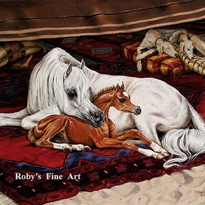 Arabian Mare and Foal Horse Art Print "Bedouin Breeze" 5 x 7 inch Giclee by Artist Roby Baer PSA