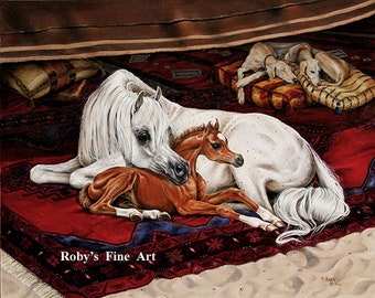 Arabian Mare and Foal Horse Art Print "Bedouin Breeze" 5 x 7 inch Giclee by Artist Roby Baer PSA
