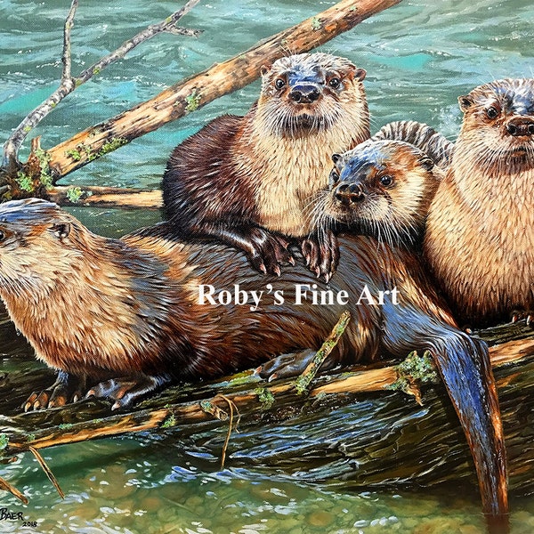 Otter Art Print "Sacramento River Otters" 8 x 10 pulgadas Giclee Impresión por el artista de vida silvestre Roby Baer