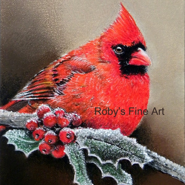 Cardenal macho pájaro arte impresión 5 x 7 pulgadas Giclee por Roby Baer PSA