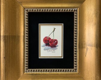 Original "Cherries" Mini Pastel Still Life Drawing by Artist Roby Baer PSA