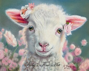 Lamb and Bee Art Print "Bee In Her Bonnet" 8"x10" Giclee by Realism Artist Roby Baer PSA