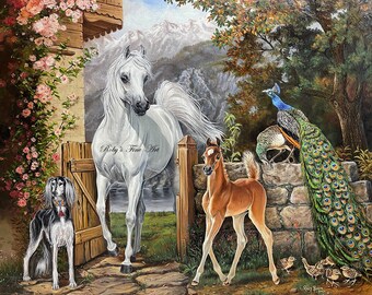 Arabian Mare And Foal Horse Art With Saluki Dog and Peacocks Print "The Cottage Gate" 5 x 7 inch Giclee by Artist Roby Baer