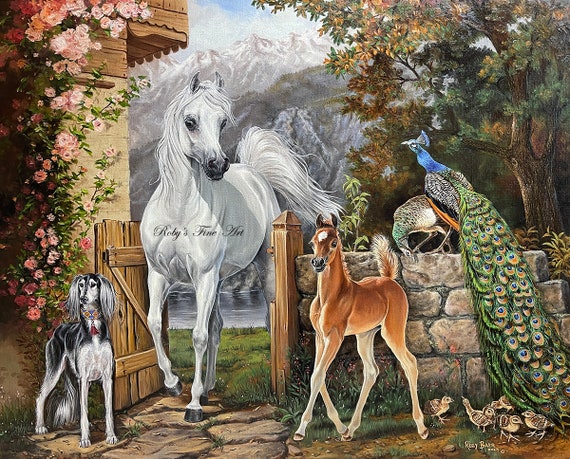 Arabian Mare And Foal Horse Art With Saluki Dog and Peacocks Print 
