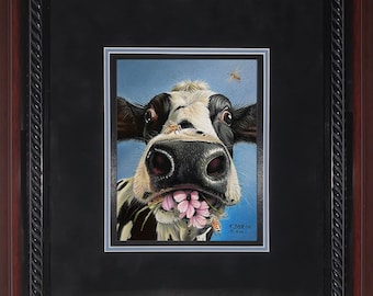 Original Cow and Honeybees Pastel Framed Painting "Petal Pushers" by Artist Roby Baer PSA