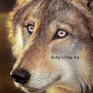 May include: Close-up portrait of a wolf with a light brown and gray coat. The wolf has piercing blue eyes and a sharp nose. The image is painted in a realistic style and has a soft, warm glow.