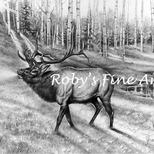 Elk Art Print "Bugle Call" 5 x 7 inch Giclee by Wildlife Artist Roby Baer