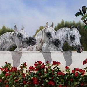 May include: An oil painting depicts three white horses with flowing manes, peering over a white wall. Lush red roses bloom below, with green foliage and a backdrop of trees and sky. The artwork is signed "Roby's Fine Art".