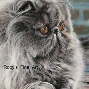 May include: A close-up portrait of a gray Persian cat with large, round, orange eyes. The cat is looking to the right of the image. The cat's fur is soft and fluffy. The image is a painting, and the artist's signature is visible in the lower left corner. The text "Roby's Fine Art" is visible in the lower left corner of the image.