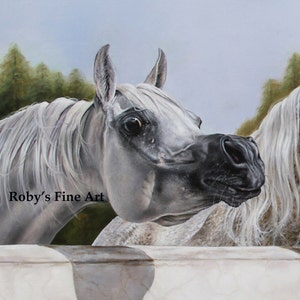 May include: A detailed painting of a white horse's head, with a black muzzle and expressive eye. The horse has a flowing white mane and is set against a backdrop of trees and a light blue sky. The text "Roby's Fine Art" is visible.