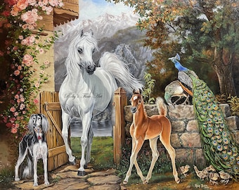 Arabian Mare and Foal Horse Art Print "The Cottage Gate" 8 x 10 inch Giclee by Artist Roby Baer