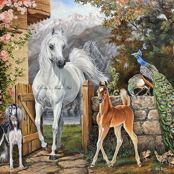 Arabian Mare and Foal Horse Art Print "The Cottage Gate" 8 x 10 inch Giclee by Artist Roby Baer