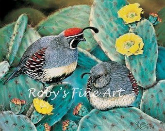 Limited Edition Gambel's Quail Print "Prickly Pair" Art Lithograph By Wildlife Artist Roby Baer PSA