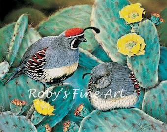 Limitowana edycja wydruku przepiórek Gambel's „Prickly Pair” – litografia artystyczna autorstwa Roby'ego Baera, autora fotografii dzikiej przyrody