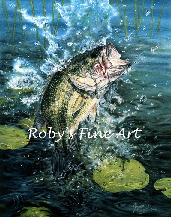 Bass Fish Art Print Line Dance 5 x 7 inch Giclee by Roby Baer PSA